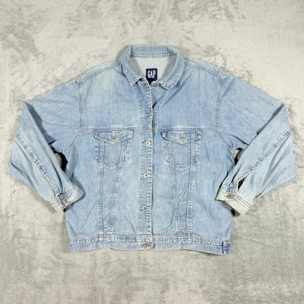 Vintage GAP Mens L Denim Light Wash Cotton Button Up Relaxed Fit Trucker Style